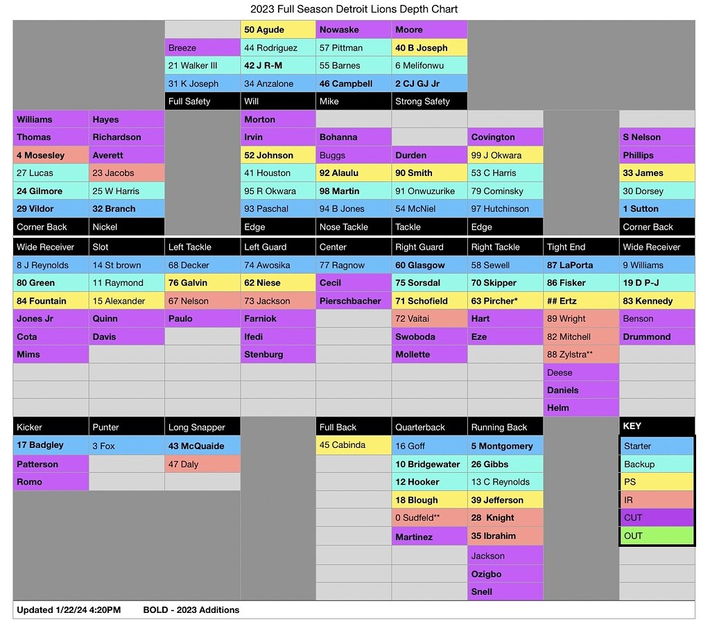 Detroit Lions Complete Season Depth Chart Including Those Cut - The Den