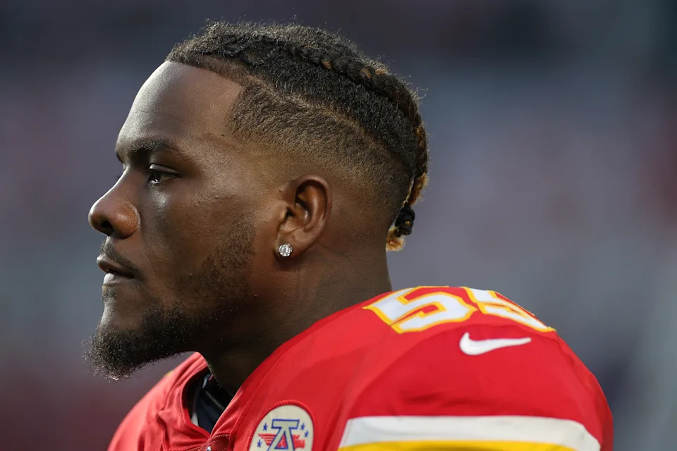 MIAMI, FLORIDA - FEBRUARY 02: Frank Clark #55 of the Kansas City Chiefs looks on before in Super Bowl LIV against the San Francisco 49ers at Hard Rock Stadium on February 02, 2020 in Miami, Florida. (Photo by Maddie Meyer/Getty Images)