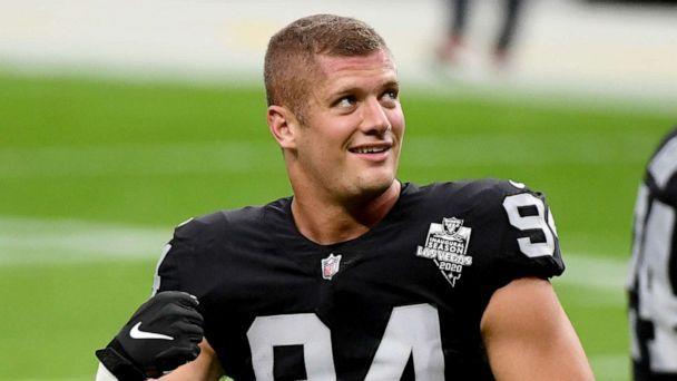 PHOTO: Carl Nassib of the Las Vegas Raiders flexes during warmups before a game against the Denver Broncos at Allegiant Stadium on Nov. 15, 2020, in Las Vegas. (Ethan Miller/Getty Images, FILE)