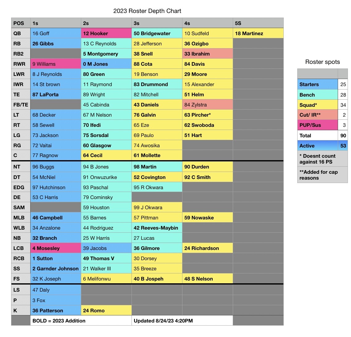 Lions updated depth chart Preseason Game 3 at Panthers The Den