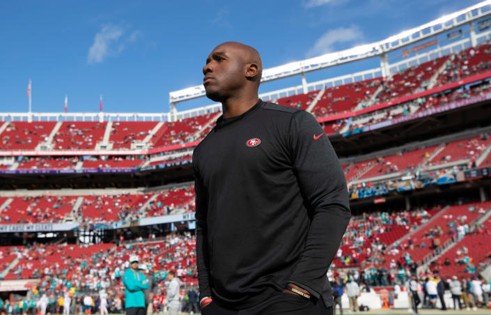 49ers defensive coordinator DeMeco Ryans is arguably the hottest name on the head coaching market. (Photo by Michael Zagaris/San Francisco 49ers/Getty Images)